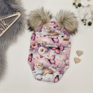 Talve tuukrimüts Kiisud pilvedel, lilled, liblikad heleroosa/helelilla